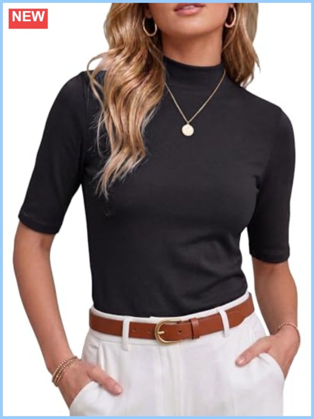 PrinStory Womens Mock Neck Short Sleeve Ribbed Knit Slim Fit Business Casual Top